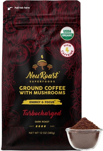 High Caffeine Ground Mushroom Coffee by  - Turbocharged | Organic & Low Acid | Premium Coffee with 5 Mushrooms - Nootropic Blend for Optimal Cognitive Support (Energy & Focus)
