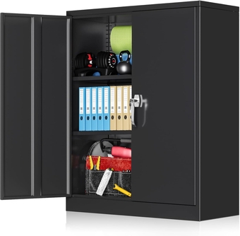 Metal Storage Cabinets with Locking Doors, Lockable Steel Storage Cabinet with 2 Doors and 2 Adjustable Shelves, Black Metal Cabinet Great for Garage, Home, Office, Warehouse