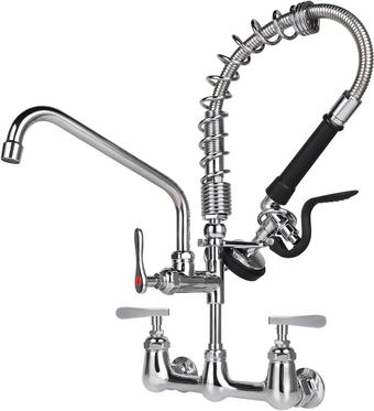 Commercial Sink Faucet with Pull Down Sprayer 8 Inch Center Wall Mount Kitchen Faucet with 8” Swivel Spout, 20” Height Pre Rinse Faucet for 1 Compartment Sink, Brass Constructed Chrome