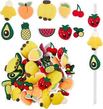 50Pcs 10 Style Bulk Straw Topper Fruit Theme PVC Straw Charms with 5.5mm Hole Banana Straw Charms Pineapple Straw Toppers Peach PVC Straw Tips Straw Decoration for Tumbler Straws Party Favor