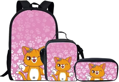 Cat Paws Print Backpack Set 3 Piece Shoulder Bagpack with Small Lunch Tote Box and Pencil Case Rucksacks Storage Rucksack School Supplies