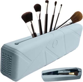 Travel Makeup Brush Holder Magnetic-Closure Silicone Portable for Face Sponge Blenders & Brushes Sleek Makeup Tools Organizer, Purse Cosmetics Storage with Brush Cleaning Area(Blue)