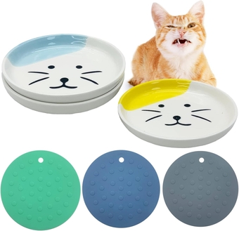 Cat Food Dishes for Indoor Cats Whisker Friendly,3 Ceramic Cat Food Bowls Set with Non-Slip Mat,Relief of Whisker Fatigue Cat Plates Wide and Shallow Design