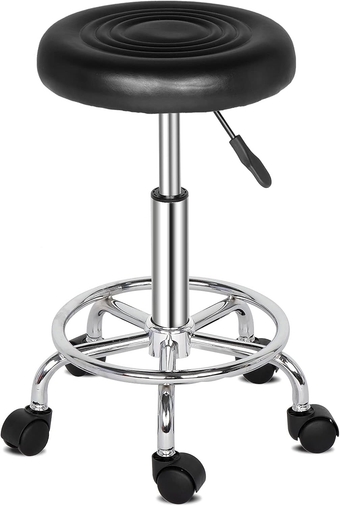 Round Rolling Stool Height Adjustable Stool with Wheels, PU Leather Desk Stool Chair with Hydraulic Rolling Swivel for Spa Salon Massage Tattoo Facial (Black)