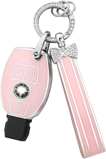 for Mercedes Key Fob Cover 3 Button Pink TPU Bling Car Key Chain Accessories Keys Case Shell Protector for Mercerdes Benz AMG GLC GLA CLA GLS GLE GLK CLS C 300 G E S ML Class Women Girly