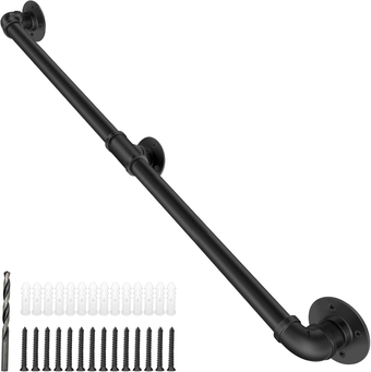 6FT Wall Mount Industrial Staircase Handrails, 1.3" Handrails for Indoor Stairs,Black Galvanized Pipe Handrail,Grab Bar for Steps,Vintage Stair Railing Indoor,Hand Rails for Outdoor Steps