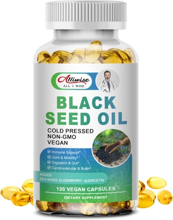 Black Seed Oil Softgel, Cold Pressed Black Cumin Nigella Stiva with Irish Sea Moss, Quercetin with Bromelain, Elderberry Extact Enhanced Absorption, Antioxidant, Skin & Hair, Immune Health Support