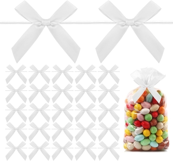 White Twist Tie Bow, 30 Pcs Small Bows for Crafts, Christmas White Bows for Gift wrapping, Mini Pretied Satin Ribbon Bows, Twist Tie Bows for Treat Bags Premade Tiny Bows for Gift DIY Cookie Candy Bag