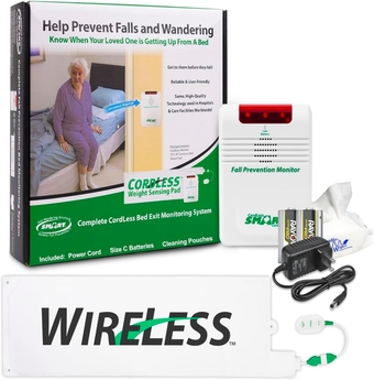 Smart Caregiver Wireless Bed Alarm System - Cordless Weight Sensing Bed Alarm Pad (10” x 30”) with Remote Alert Monitor, Free Individual Cleaning Wipes and Liberty 7 Day Pill Box
