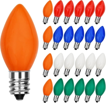 25 Pack C7 Christmas Replacement Bulbs, Multicolor Christmas Bulbs Vintage Ceramic Lights for Indoor Outdoor Patio Christmas Party String Lights, 5W Incandescent Night Lights, C7/E12 Candelabra Base
