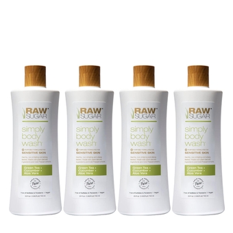Sensitive Skin Simply Body Wash - Green Tea + Cucumber + Aloe Vera, Moisturizing & Brightening Bath & Shower Gel, Formulated without Sulfates and Parabens & Vegan (Pack of 4)