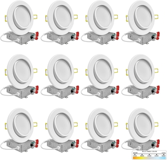 | 12 Pack | 4 Inch Gimbal Ultra-Thin LED Recessed Light, 2700K/3000K/3500K/4000K/5000K Selectable, 630 Lumen Dimmable, White Trim Adjustable Canless Slim Wafer Ceiling Light, Metal Junction Box
