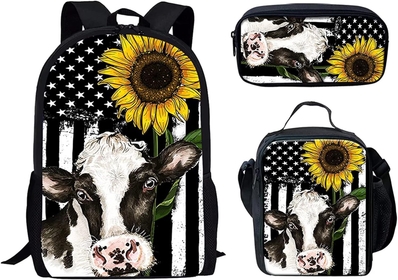 Sunflower Milk Cow Print Backpack Set for Rucksack with Lunch Bags Cooler Insulated Lunch Box Tote Container Zipper and Pencil Case Storage, 3 Piece School Bag Rucksack Shoulder Bag