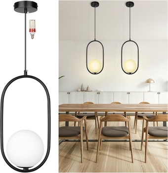 Modern Pendant Lighting, Adjustable Height Pendant Light Fixtures Mid Century Black Chandelier, Frosted Glass Globe Single Hanging Light for Kitchen Island Dining Room Bedroom(Bulb Included)
