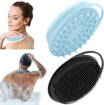 2 Pack Silicone Body Scrubber, 2 in 1 Bath and Shampoo Brush, Soft Silicone Loofah for Sensitive Skin, Double-Sided Body Brush for Men Women, Lathers Well, Gentle Exfoliating (Black, Blue)