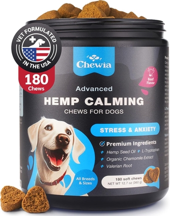 Hemp Calming Chews for Dogs - Dog Calming Treats - Anxiety Relief for Dogs with L-Theanine, Chamomile Extract, Valerian Root - Dog Anxiety Relief for Travel, Vet Visits, Thunderstorms, Nail Trimming