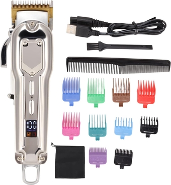 Complete Hair Cutting Kit, Electric Hair Trimmer with LED Display, Professional Hair Clipper Set with Guide Combs for Home Salon (Silver)