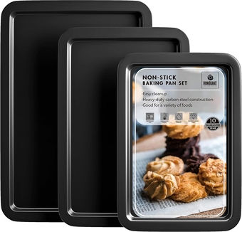 Baking Sheet Pan Set, Cookie Sheet for Oven, Nonstick Bakeware Sets with Wider Grips, 3 Pack Half/Jelly Roll/Quarter Baking Tray, Premium, Dishwasher Safe - Dark Grey