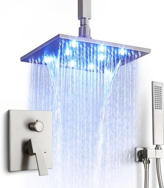 Shower System Ceiling Mount Rainfall Shower Head Set LED 10 Inch Overhead Shower Set with 2 Function cUPC Shower Valve Kit, 7415C-BN Brushed Nickel