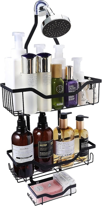 Shower Caddy Over Shower Head Hanging Shower Organizer Storage Rack with Hooks for Sponge Bathroom Shampoo Holder with Soap Basket Rustproof Anti-Swing