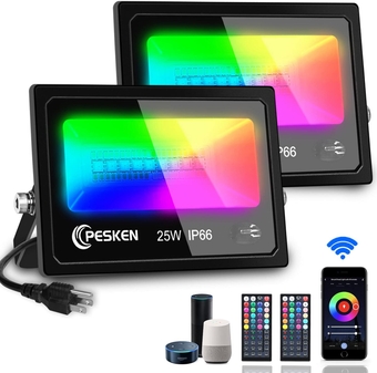 [Upgraded] Smart Oudoor LED Flood Lights 250W Equivalent, WIFI Wireless DIY & Dimmable RGB FloodLights Color Changing Stage Party Landscape Lights, App & Infrared Remote Control, Work With Alexa.