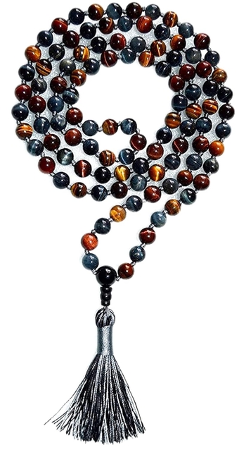 Blue Tigers-eye, Iron Tigers-eye Tigereye Brown Hand knotted japa Mala beads Necklace - Blessed 8 mm Prayer Beads For Awakening Chakra Kundalini - Free mala rosary pouch included-USA Seller