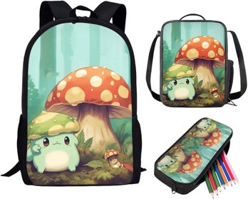 Mushroom Bookbag 3-Piece Set Women Frog Backpack with Lunch Box for Kindergarten Middle Kids Rucksack with Lunch Thermal Bag+Pens Pouch, Custom