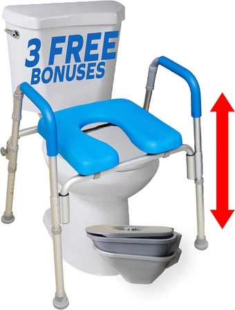 Ultimate Raised Toilet Seat with Handles, Padded, Armrests, Adjustable Height, Premium Elevated Toilet Seat for Elderly Bathroom Safety with Arms, Standard and Elongated Toilets, Blue