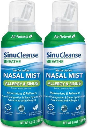 Allergy & Sinus Sterile Saline Nasal Mist, Instantly Moisturizes & Relieves Severe Nasal Congestion Due to Allergies, 4.6 Oz (2 Pack)
