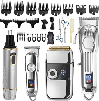 Hair Clipper, Trimmer, Beard Shaver Kit for Men Professional Barber Set for Hair and Beard Cutting Zero Gap Beard Trimmer, Rechargeable Bald Clippers with LED Display (Silver)