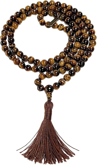 Elegant Mala Beads Necklace - Chakra balancing Energy – 8mm 108 prayer beads for Meditation Mantra chanting - Birthstone Sun sign Zodiac crystals – Fashion Jewelry (Brown Tiger eye)