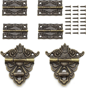 Retro Bronze Alloy Latch Lock and Engraved Painten Hinge with Screws for Decorative Cabinet Small Wooden Jewelry Box Project (2X Hasp Catch + 4X Hinges)
