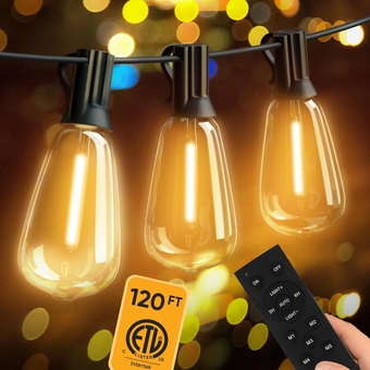 120FT LED Outdoor String Lights with Remote, 60+2 Edison Shatterproof Bulbs, 24V Low Voltage, Dimmable Patio Lights Outdoor Waterproof, 2700K LED String Lights for Outside Porch Yard Bistro