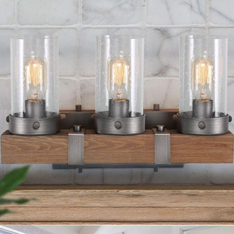Farmhouse Rustic Bathroom Vanity Light, Wall Light Fixture 3 Lights in Wood and Cylindrical Bubbled Glass