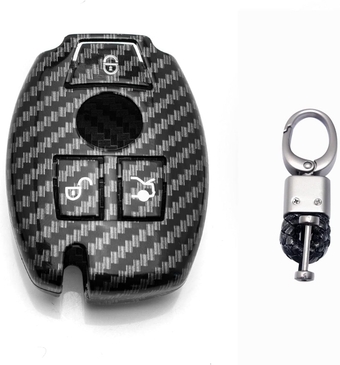 Xotic Tech Glossy Black Carbon Fiber Teture ABS Key Fob Shell Cover Case w/Keychain, Compatible with Mercedes Benz AMG C E M S CLA CLS GL GLA W164 W204 W205 CL203 3-Button Smart Keyless Entry Key