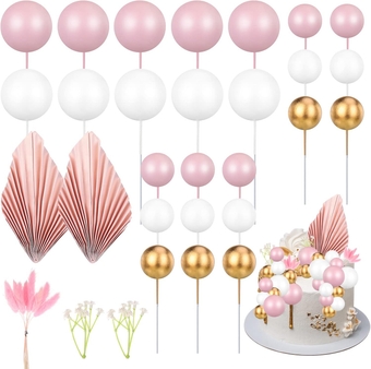 36Pcs Colorful Balls Cake Toppers Flower Cake Topper with Pink Palm Leaves Cake Insert Toppers Pearl Ball Flowers Cupcake Toppers for Girls Boys Baby Shower Birthday Cake Decoration