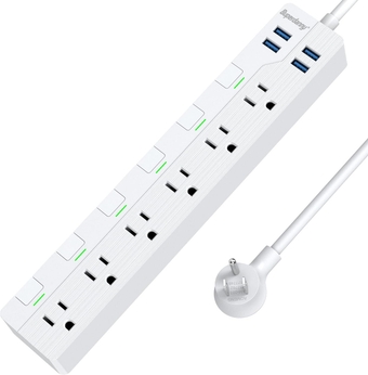 USB Surge Protector Power Strip with Individual Switches, Mountable 6.5ft Extension Cord Multiple Protection 6 Outlet 4 USB Port for iPhone iPad PC Home Office Travel Light White