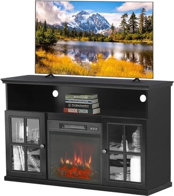 Farmhouse Electric Fireplace TV Stand for TV's Up to 55" Media Entertainment Center Console with Insert Fireplace and Adjustable Shelves Storage Cabinet Chest for Living Room, Black