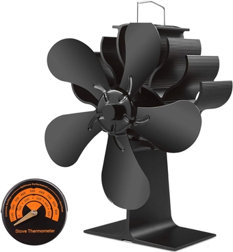 5-Blades Fireplace Stove Fan, Silent Motors Heat Powered Wood Stove Fan Non-Electric with Thermometer for Wood Burning Stove, Pellet, Log Burner