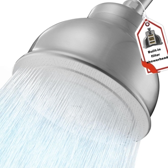 Filtered Shower Head - Heavy Duty Adjustable Shower Filter Head - Filters Most of Chlorine - Softens Skin and Hair from Hard Water - High Output Rain Showerhead - 304Stainless Steel (Brushed)