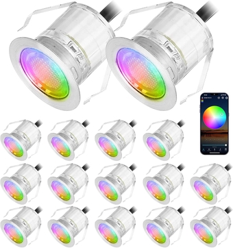 Smart Outdoor Deck Lights kit with Music Sync, φ1.18" 16pcs Bluetooth Control Stair Lights IP67 Waterproof, 12V Low Voltage Landscape Lights for Garden, Patio Stair, Step, Path Decoration Lighting.