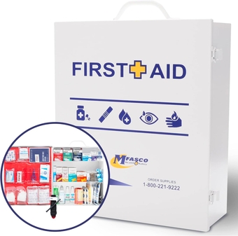 OSHA Compliant First Aid Kit - Large, Commercial 3-Shelf Metal Cabinet for Businesses, Wall Mountable with First Aid Box Refill for Office - ANSI Standard 2021 First Aid Kits, Class B Fill