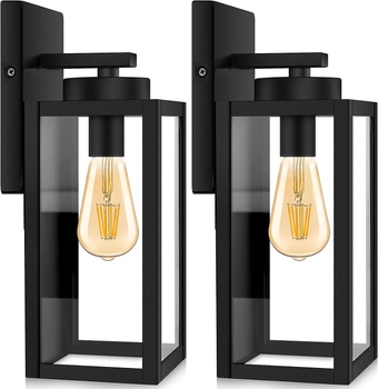 2 Pack Outdoor Wall Light Fixtures, Exterior Waterproof Lanterns, Porch Wall Sconce Wall Mounted Lighting with E26 Sockets & Glass Shades, Modern Matte Black Wall Lamps for Patio Front Door Entryway