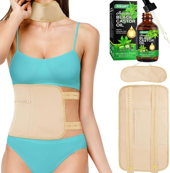 Reusable Castor Oil Pack Kit - Machine Washable Wrap with Adjustable Strap and Organic Castor Oil (Khaki)