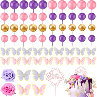 65 Pcs Cake Balls Decorations Pink Purple Balls Cake Toppers Mini Gold Balloons Cupcake Artificial Flowers Butterflies Happy Birthday Cake Toppers for Summer Baby Shower Birthday Boho Wedding