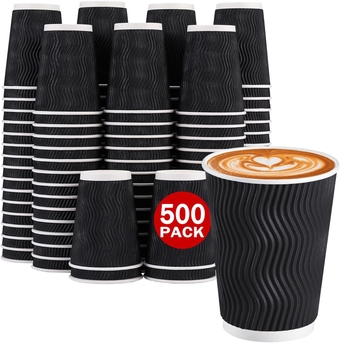 500 Count 12 oz Insulated Coffee Cups Bulk, Disposable Paper Cups No Lids 12oz, Corrugated Ripple Wall Design for Hot Beverage (Black)