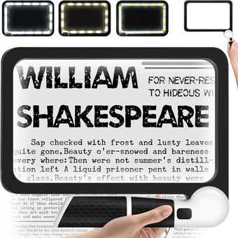 Large Illuminated Reading Magnifier, Full Page 5X Book Page Magnifier, Handheld Folding Reading Magnifier, 48 LED Lights, 3 Light Switching Modes - Ideal for Low Vision, Vision aids and Seniors