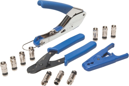 DataShark 70018 Cable TV"F" Compression Bundle with Cable Cutter, Coax Stripper, Compression Crimper, and 10 RG6/RG6-Quad Cable TV"F" Connectors