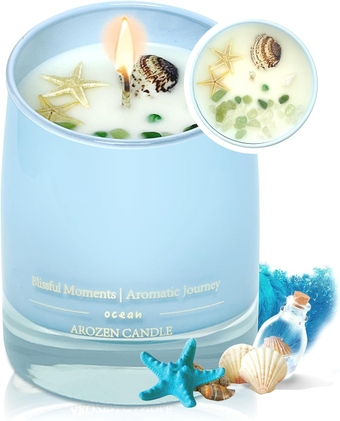 Ocean Beach Scented Candles Gift for Women, 10oz Aromatherapy Beach Soy Candles for Home Scented, Sea Candles with Healing Crystal Inside, 55H Burn for Birthday Valentine's Day Mother's Day