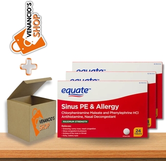Equate Sinus & Allergy Relief PE Tablets, Maximum Strength- Antihistamine and Nasal Decongestant - 4 Hour Allergy Medication + Includes Venancio’sfridge Sticker (72 Count (Pack of 3))